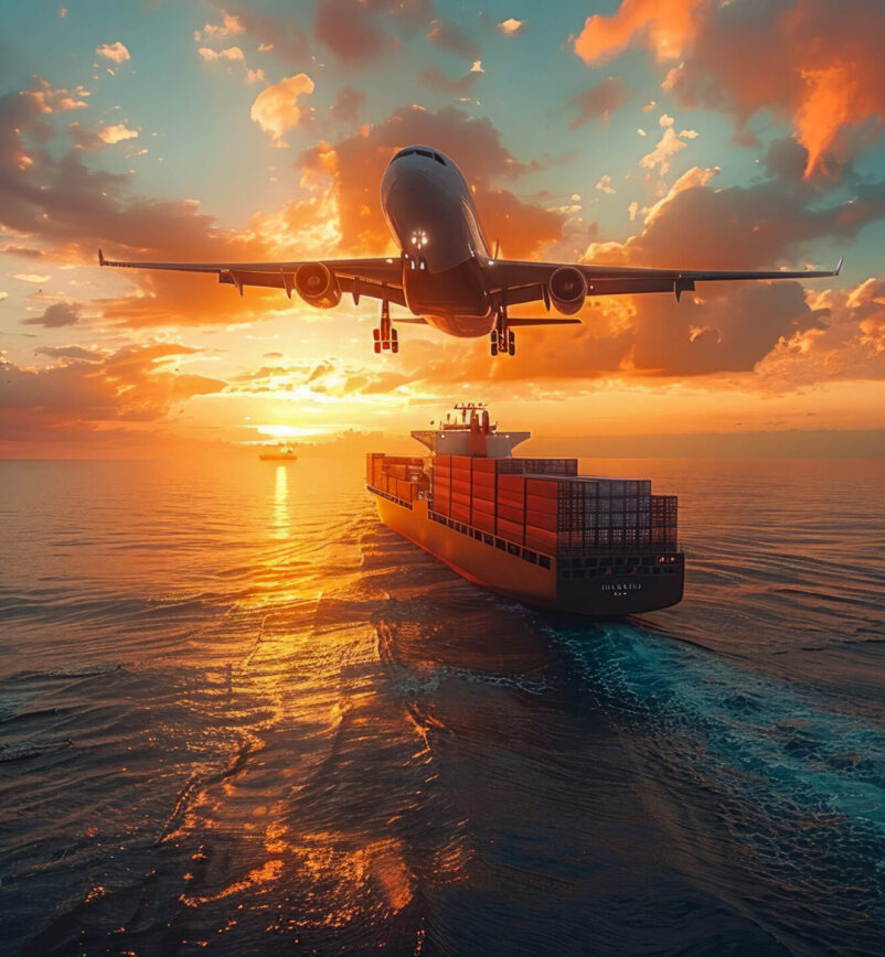 Aerial view of cargo plane and container in sea at sunset.